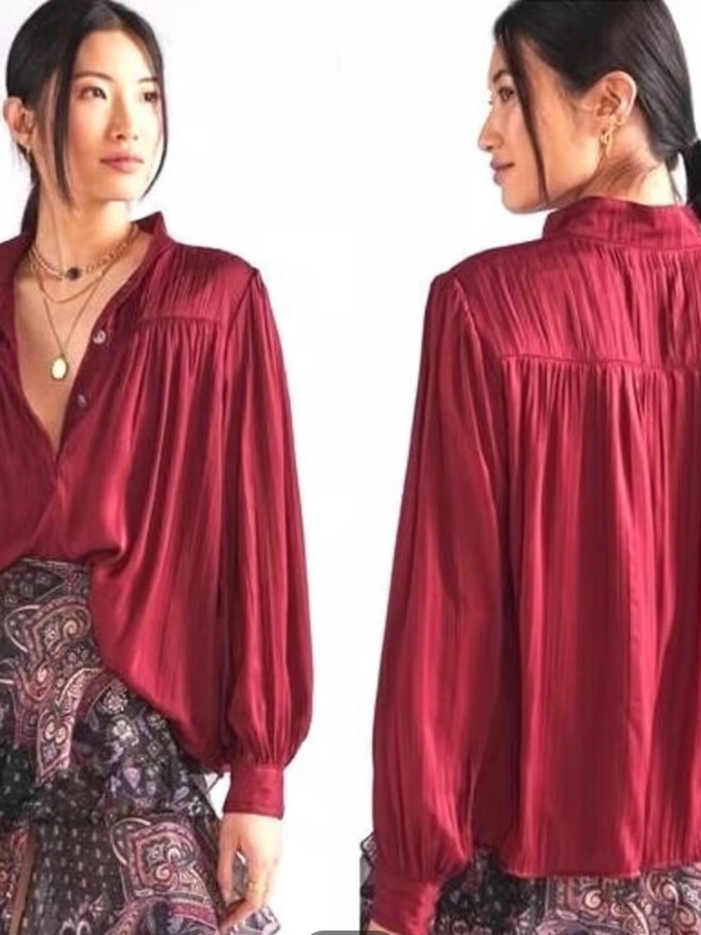 Anthropologie Relaxed Fit Shimmery Satin Blouse in Cherry Red